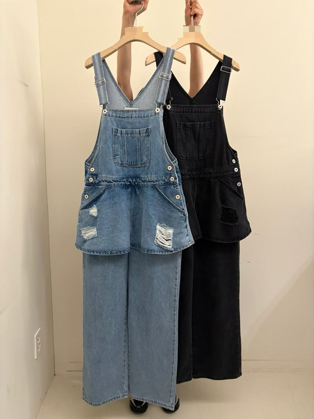 小圍裙設計牛仔吊帶褲