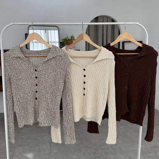 V領排釦混色針織上衣